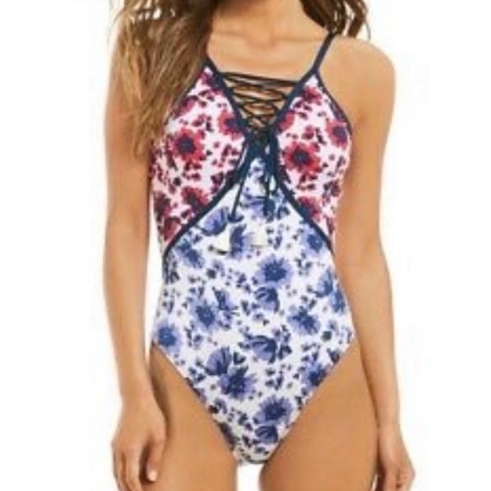 Gibson and Latimer Floral Red and Blue One Piece Swimsuit Open Back Medium NEW